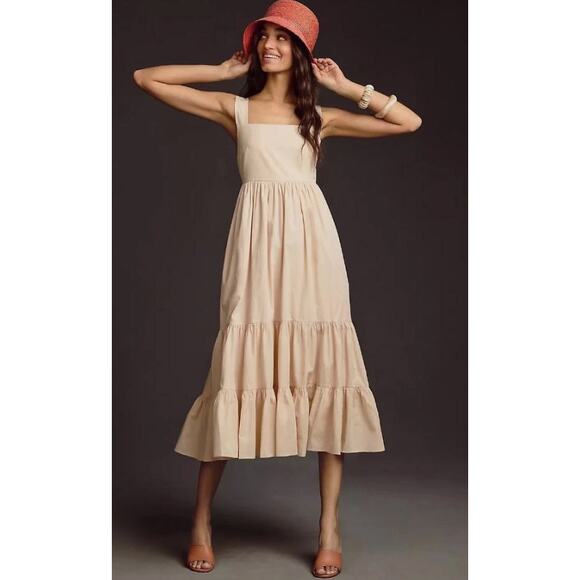 by Anthropologie Cream 100% Cotton Square Neck Tiered Midi Dress Womens Small - Picture 1 of 7